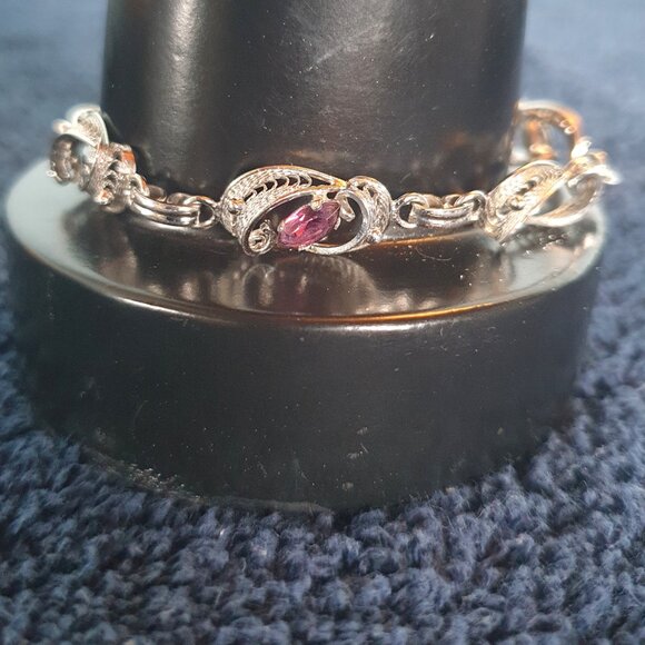 Rare Vintage Filigree Sterling Purple Rhinestone Crystal Art Nouveau Bracelet - Picture 12 of 15
